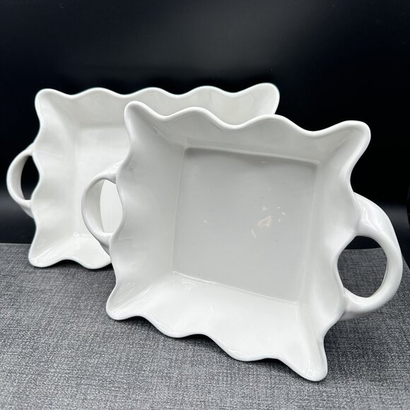 White Scalloped Serving Bowls Set Of 2 Crimped Wavy w/ Handles EUC Simple Dining - Picture 12 of 12